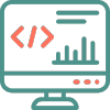 Ilustração de ícone de tela de computador com gráficos de resultados e códigos de programação.