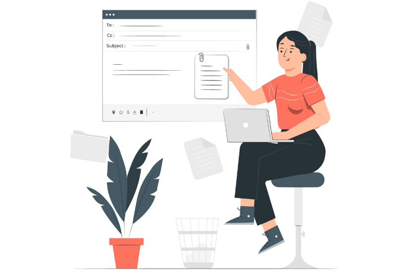 Ilustração de mulher ao notebook apresentado email em tela projetada.